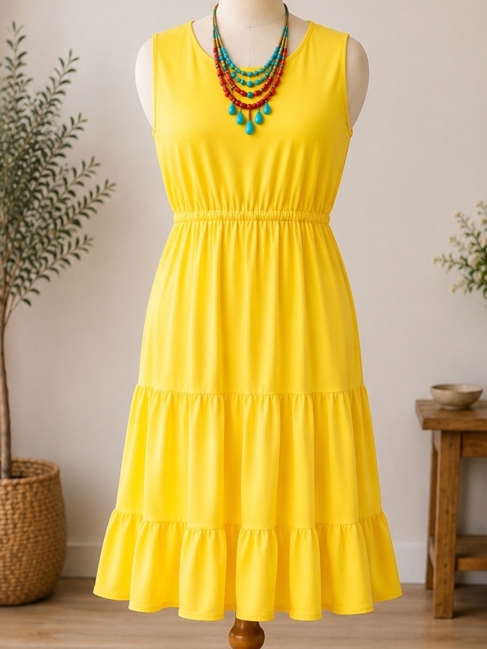 Bright Yellow Tiered Midi Dress Boho Vacation Summer Plus Size 2X